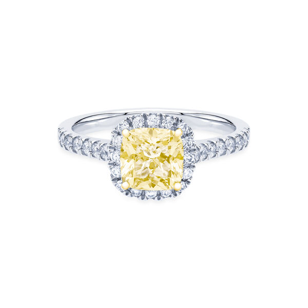 Cushion Cut Yellow Diamond Engagement Ring with Halo and Pav&eacute; Band